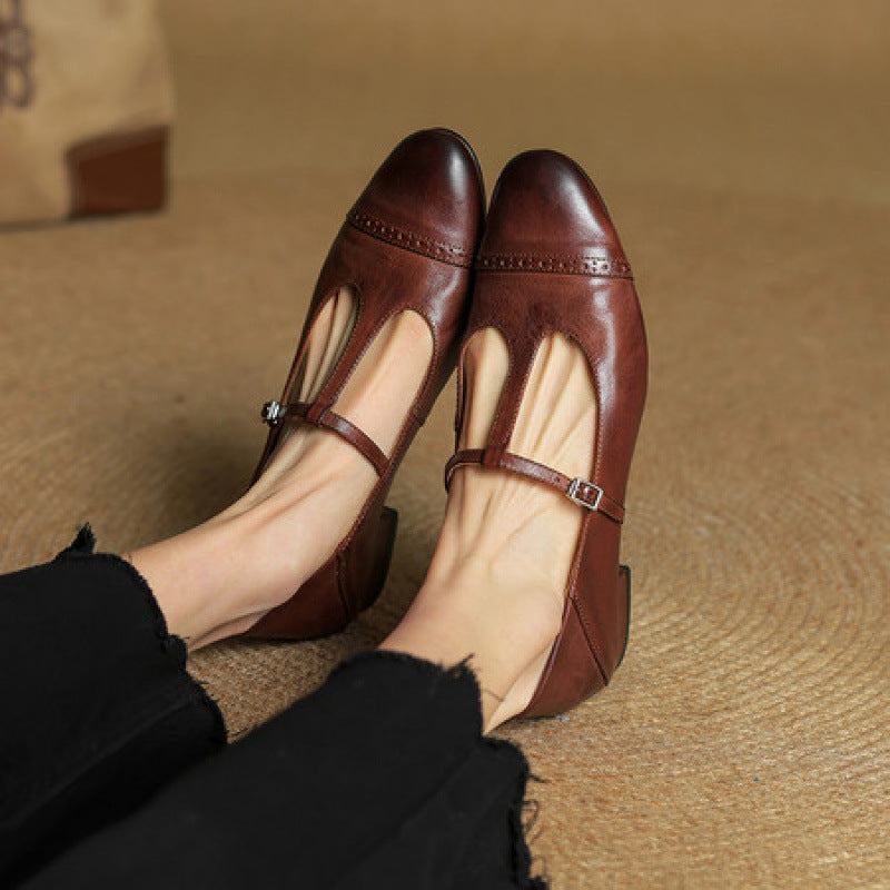 Women's T-shaped Buckle Cowhide Flats