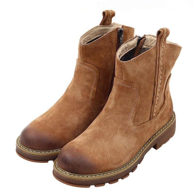 Women's Suede Flat Fleece-Lined Ankle Boots Travel Boots With Wide Opening Design