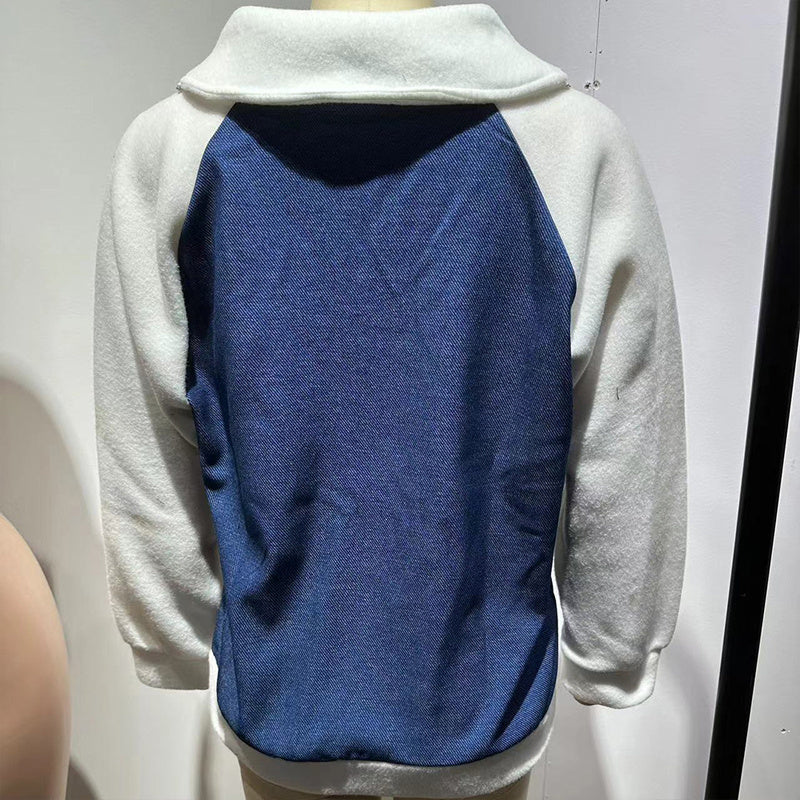 Chaqueta vaquera con cremallera y retales para mujer