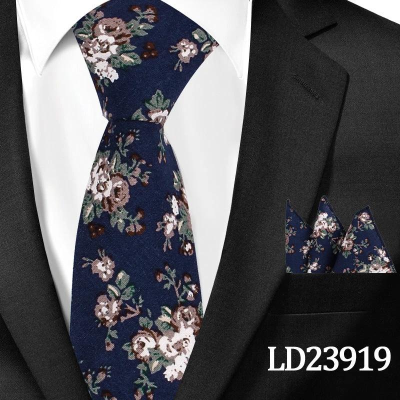 Men's Casual Cotton Floral Print 6cm Tie and Pocket Square