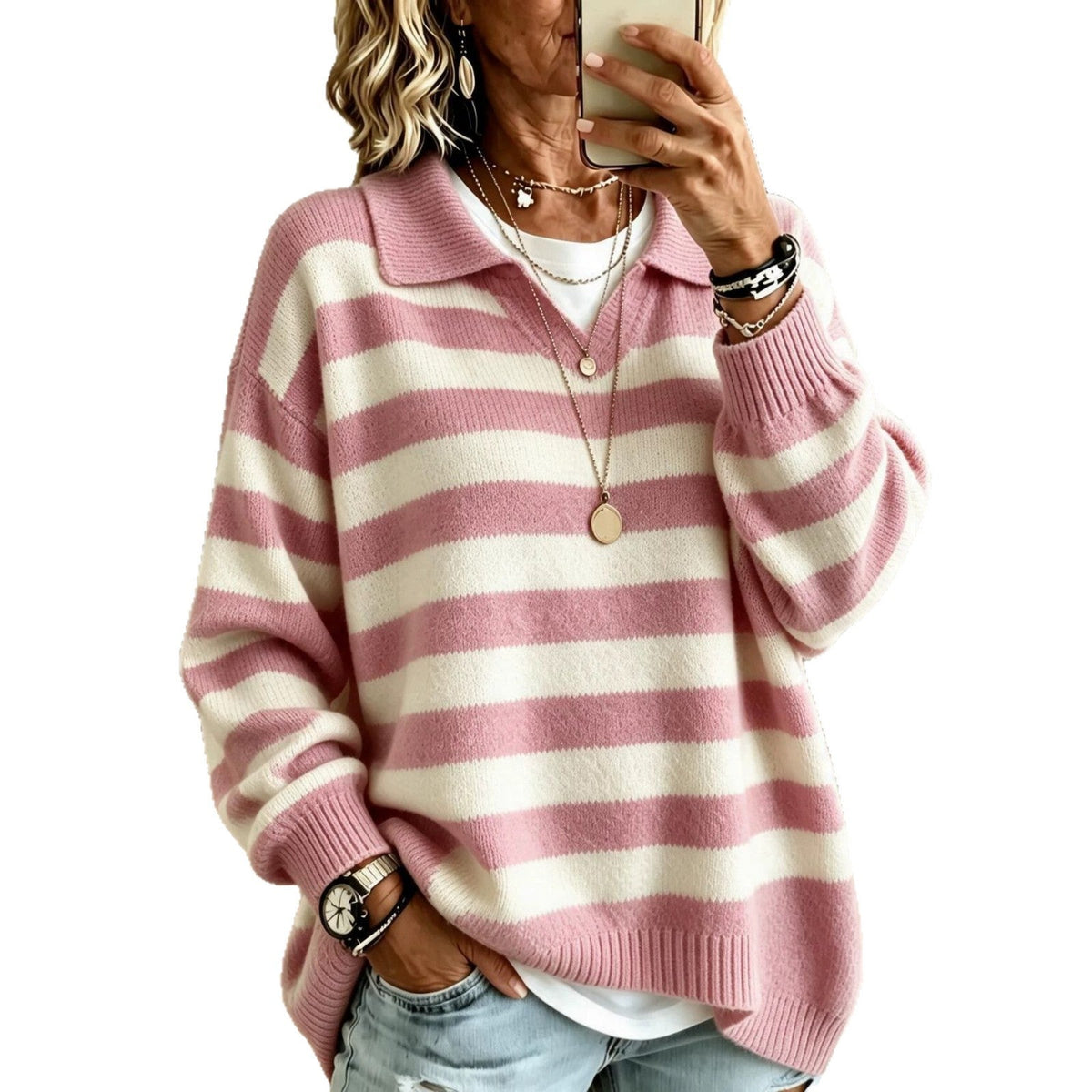 Women's Striped Color-Block Navy-Style Knit Sweater With Lapel Collar