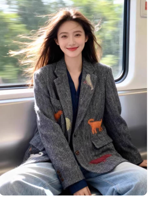 Womens Fashionable Retro Casual Wool Blazer