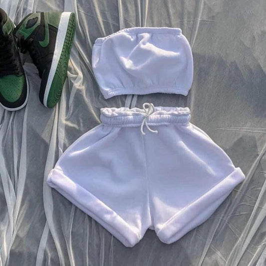 Pantalones Cortos Casuales de Moda de Cintura Alta con Cordones y Traje de Top Bandeau para Mujer