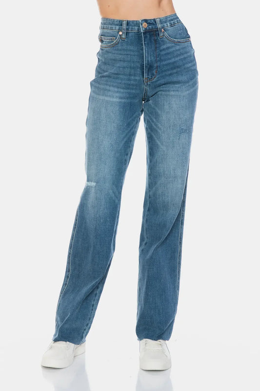 Judy Blue Jeans Rectos con Control de Abdomen, Talla Grande y Dobladillo Deshilachado