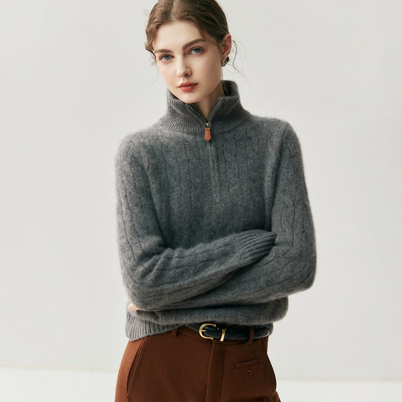 Half-Zip Cable-Knit High-Neck Goat Cashmere Sweater