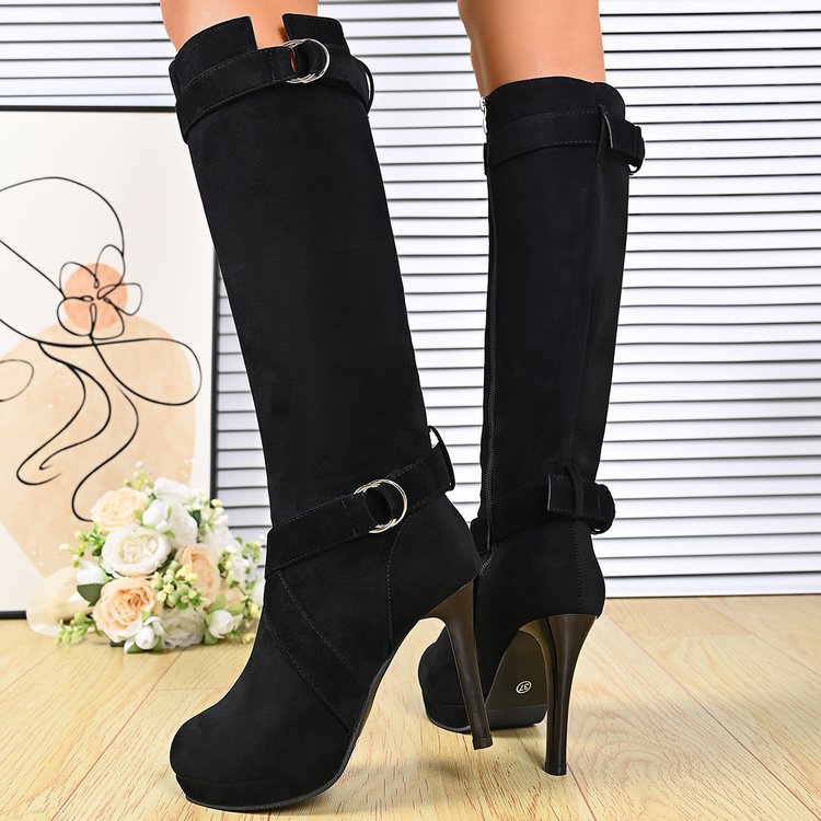 New Arrival HighHeel Suede Midcalf Boots, Belt Buckle Foreign Trade PlusSize Stiletto RoundToe KneeHigh Boots For Women