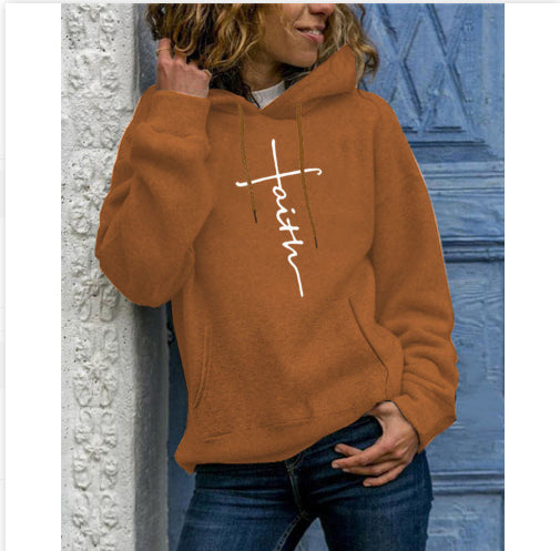 Long-sleeved fleece women's shirt autumn and winter pattern embroidered hooded sweater sports women's clothing