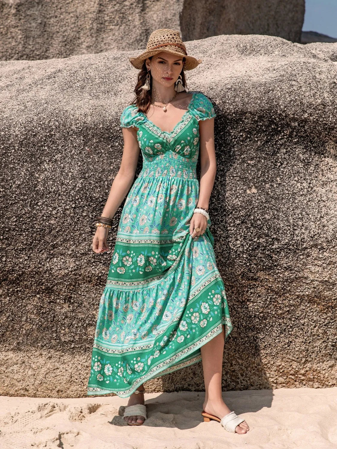 Smocked Printed V-Neck Dress