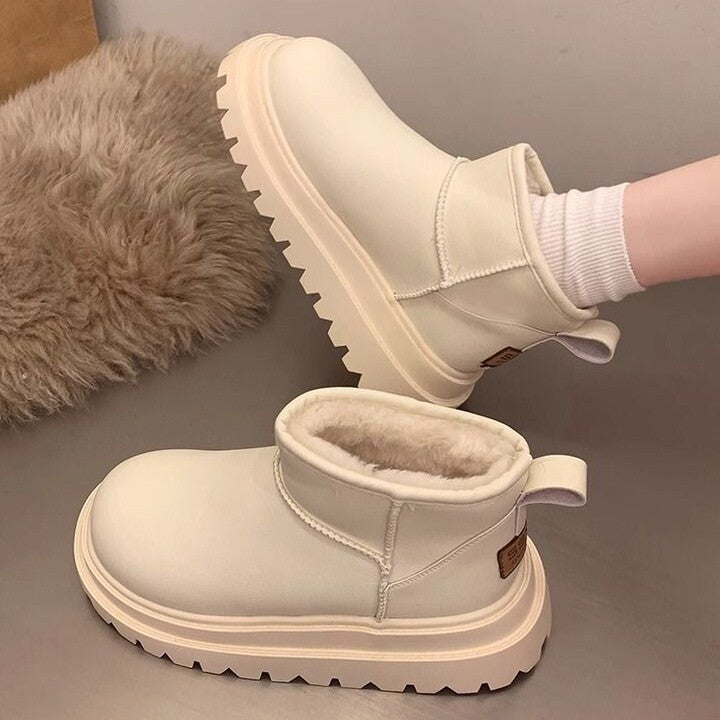 Women's Fleece-lined Thick Leather Waterproof Snow Boots
