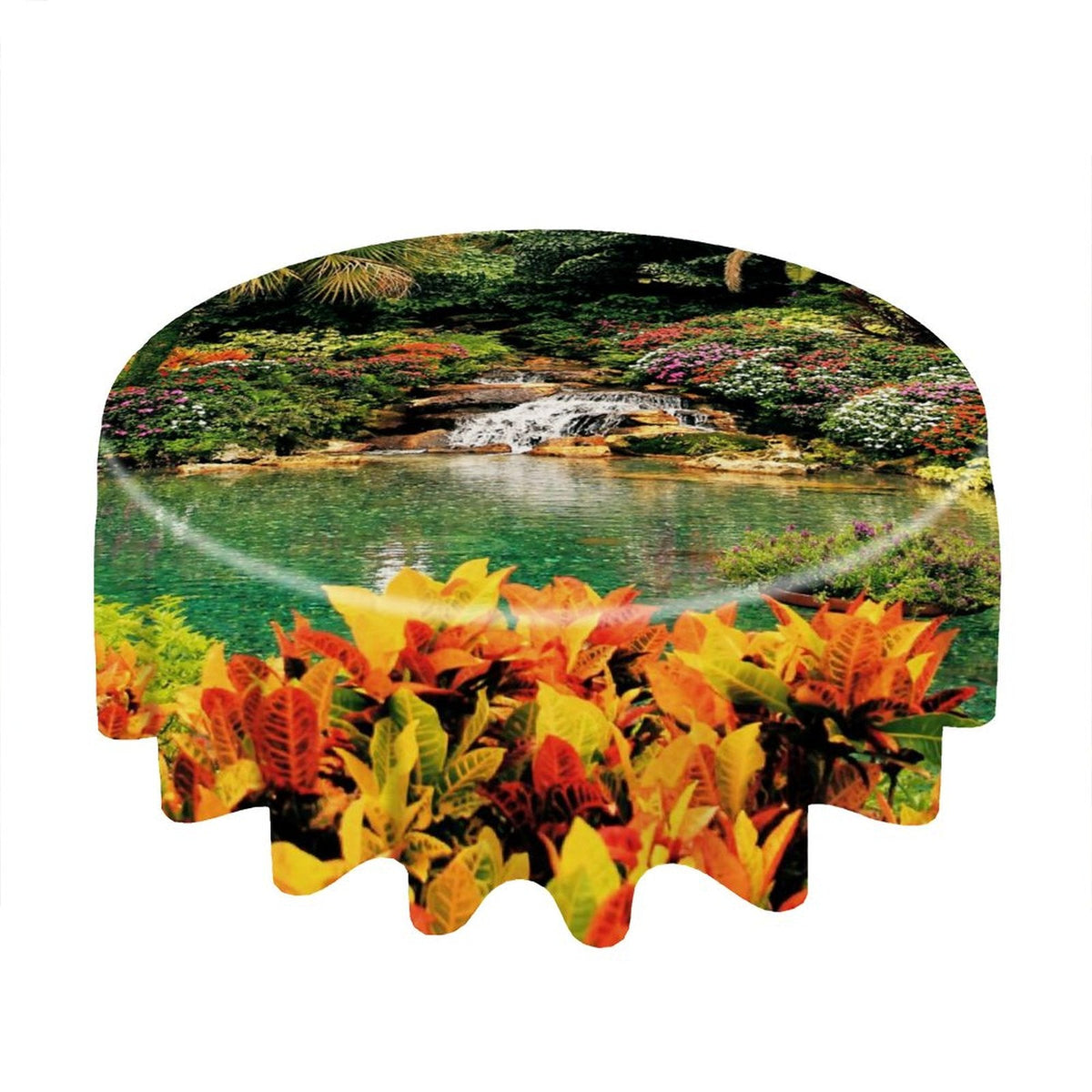 Serene Tropical Garden and Waterfall Round Tablecloth (One-sided Printing)