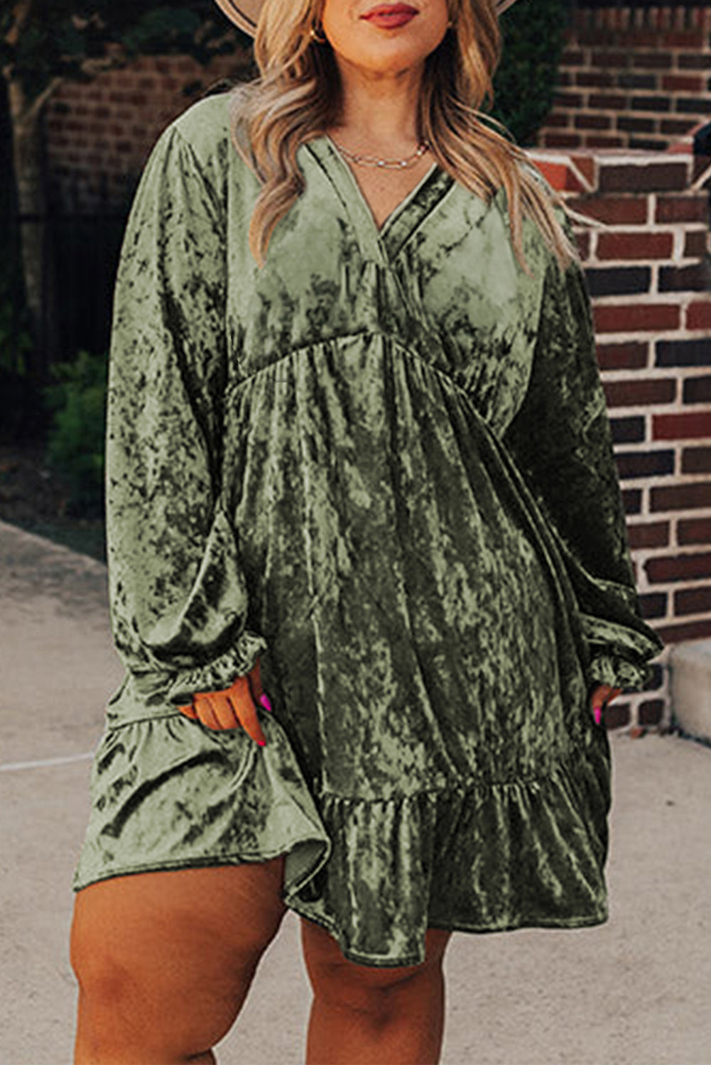 Minivestido Babydoll de Terciopelo Talla Grande Verde Jungla