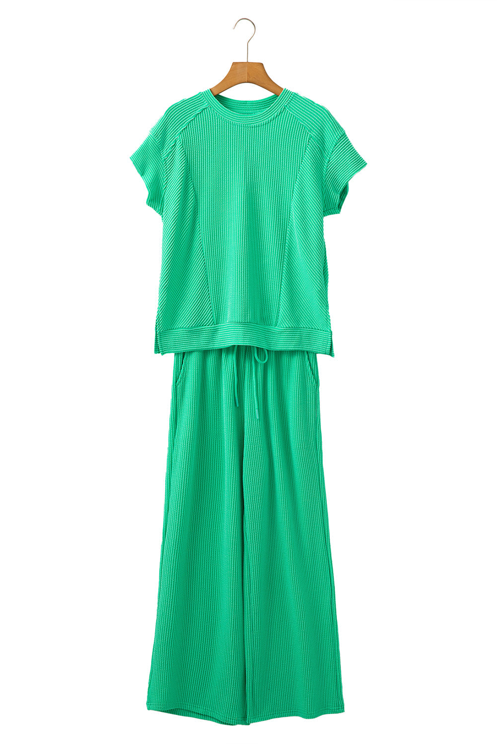 Wild Wind Solid Corded Short Sleeve Shirt and Wide Leg Pants Set