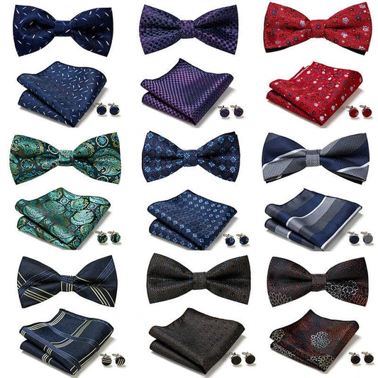 Set de corbata de moño, pañuelo de bolsillo y mancuernillas formales para hombre