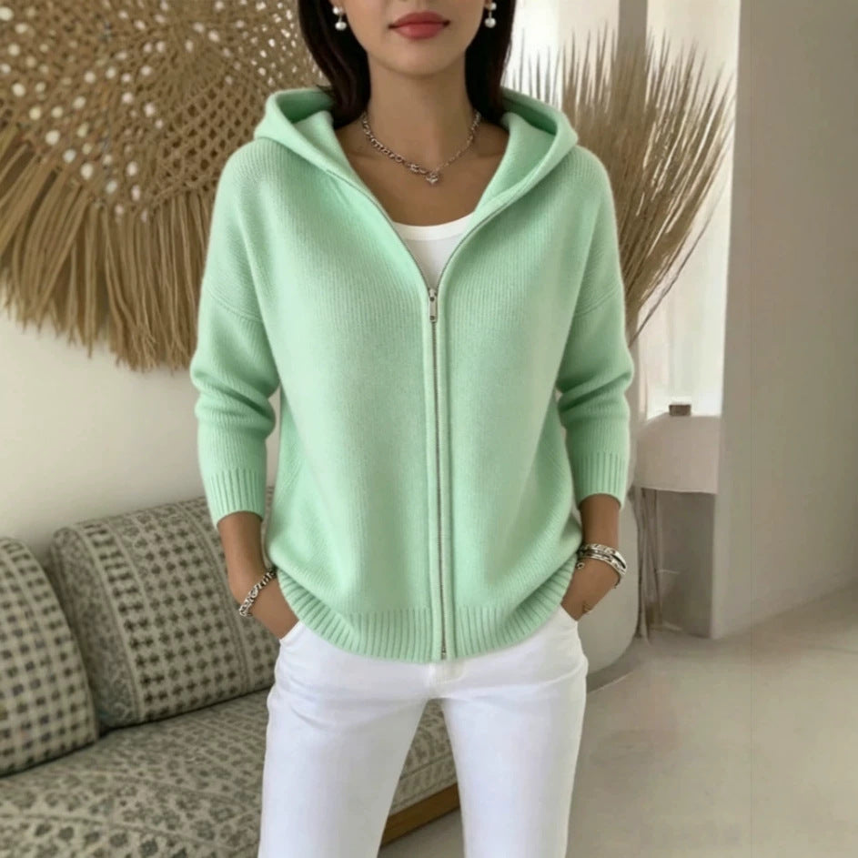 Zip-Up Knitted Hooded Cardigan Coat – Women’s Sweater