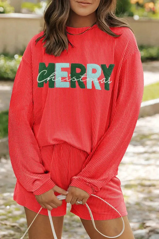 Trendsi Festive Cheer Women's Loungewear Set Cozy Long Sleeve Top & Shorts Comfortable