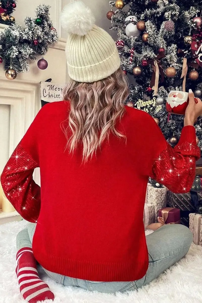 Women's Sweater - Red Sequin Sleeve - Christmas Party Southern Belle