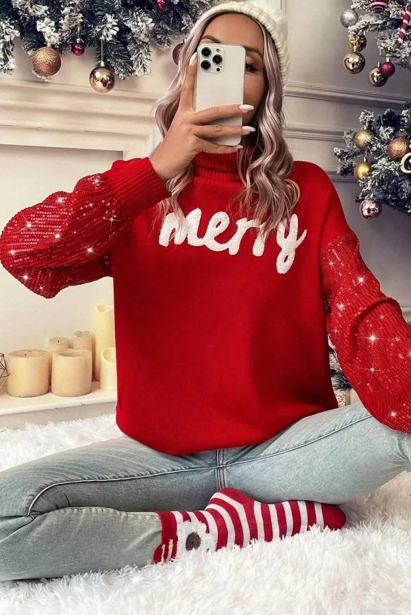 Women's Sweater - Red Sequin Sleeve - Christmas Party Southern Belle