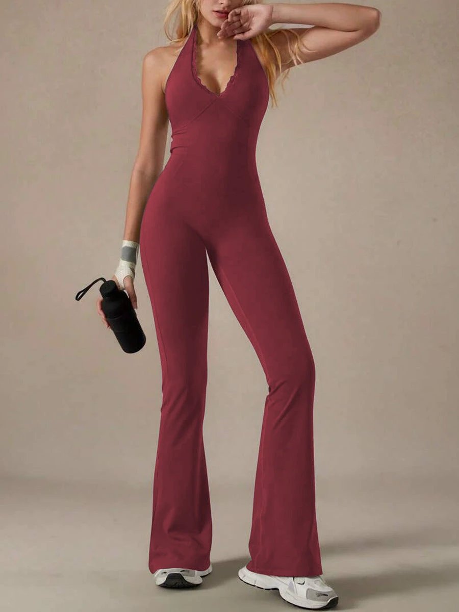 Lace Neckline Yoga Clothes Trousers Running Sports Neck-hanging Jumpsuit