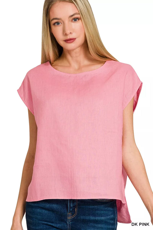 Zenana - Blusa de lino de cuello redondo y manga casquillo