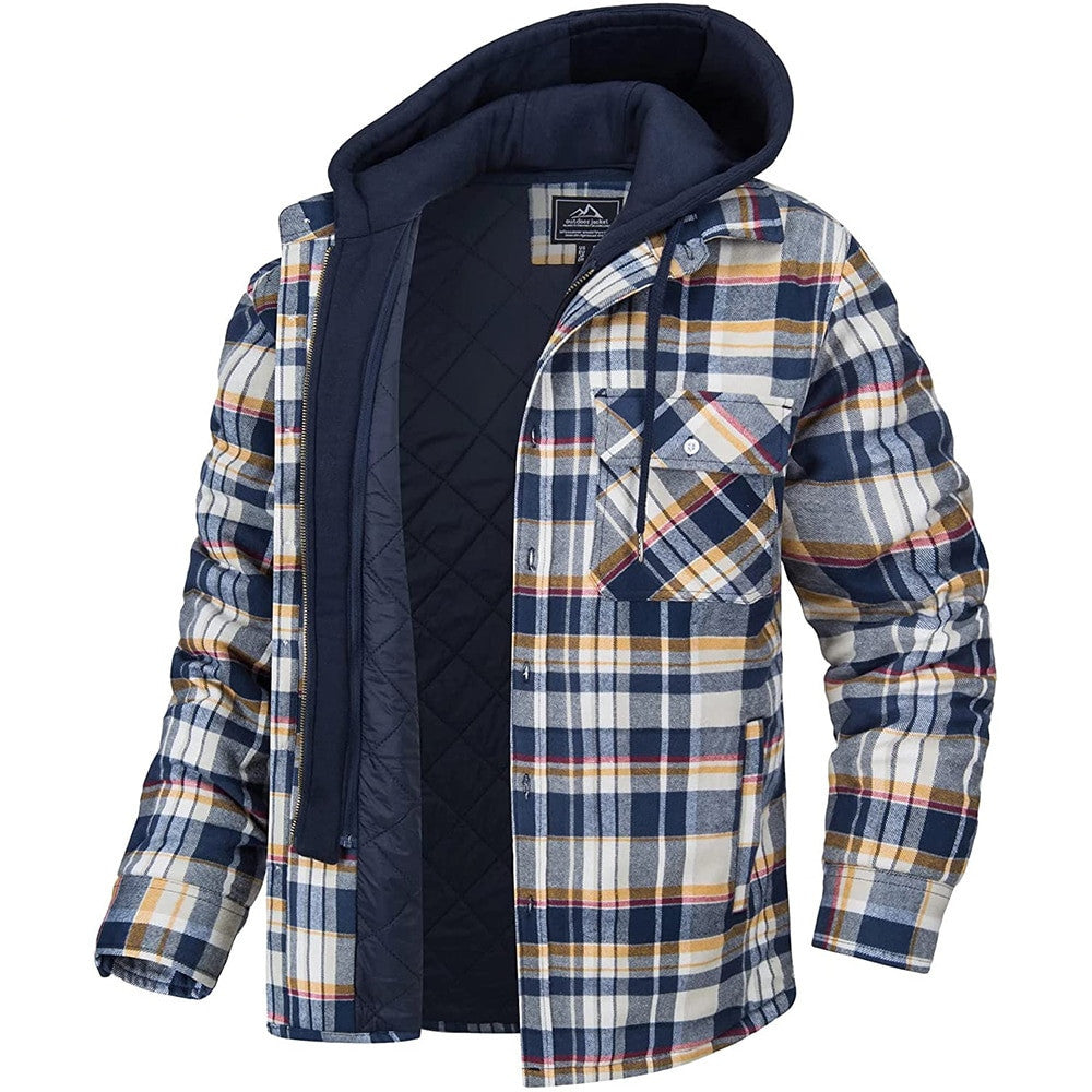 Abrigo de Cuadros con Capucha para Hombre, Chaqueta Cálida de Invierno con Botones y Cremallera, Moda Casual Gruesa Acolchada de Manga Larga, Ropa de Abrigo