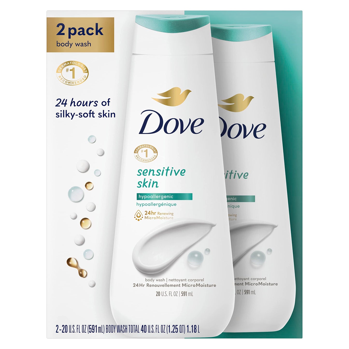 Dove Body Wash Sensitive Skin 2 Count Hypoallergenic and Sulfate Free Body Wash Effectively Washes Away Bacteria While Nourishing Your Skin 20 oz