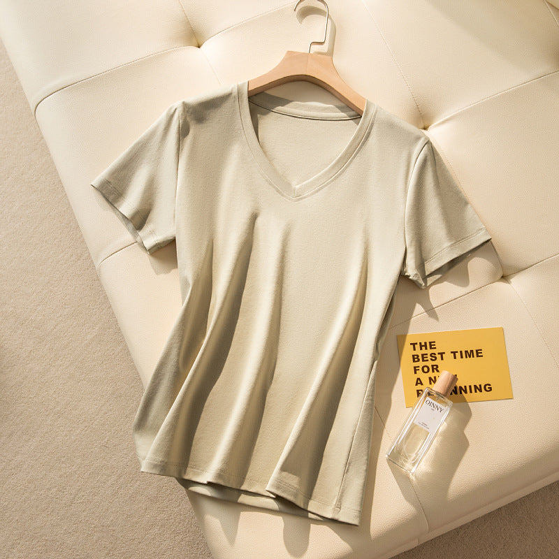 Womens Loose-Fit Round-Neck V-Neck Pure Cotton T-Shirt