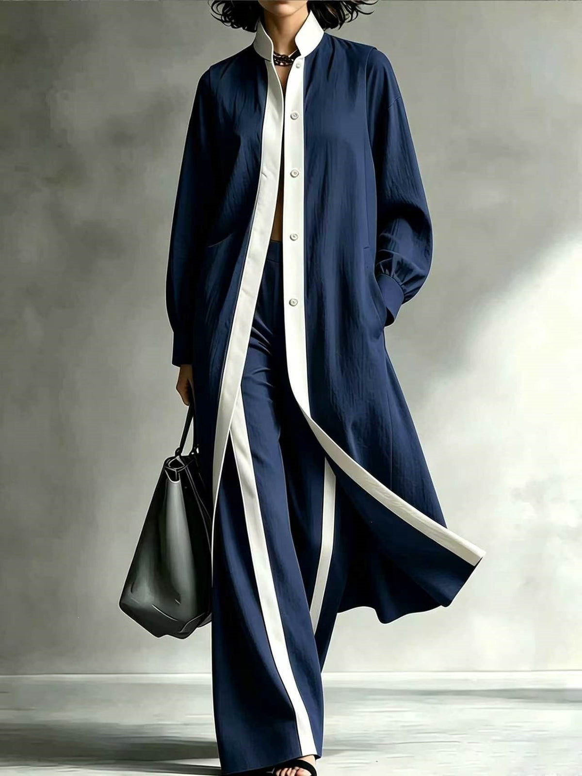Womens Color-Block Loose-Fit Fashion Long-Sleeve Coat And Pants Set