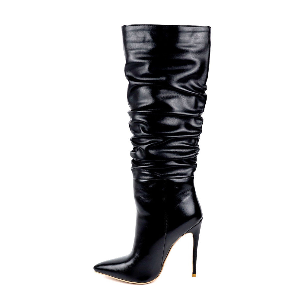 Women's Pleated Pointed-Toe Stiletto High-Heel Boots
