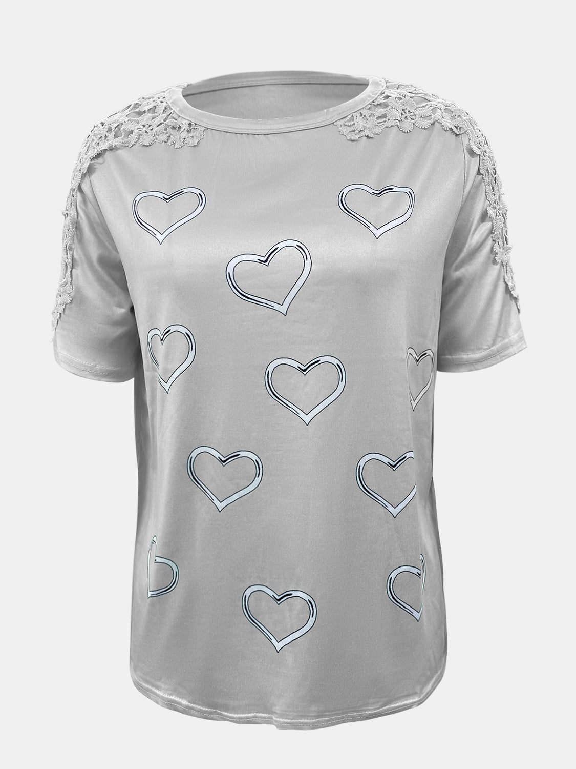 Camiseta de manga corta con cuello redondo, detalle de encaje y corazón, talla grande