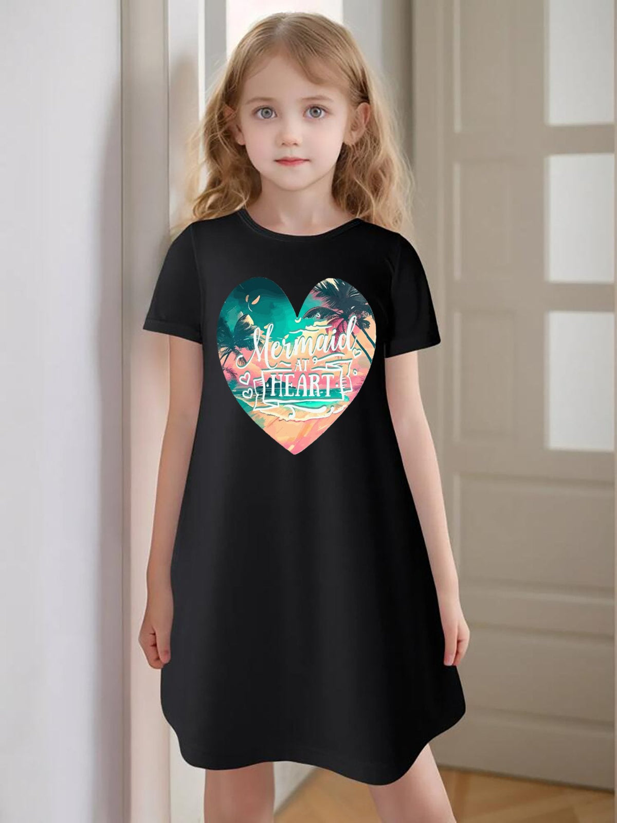 Girl's Mermaid at Heart Black Summer Dress (Front Printing)