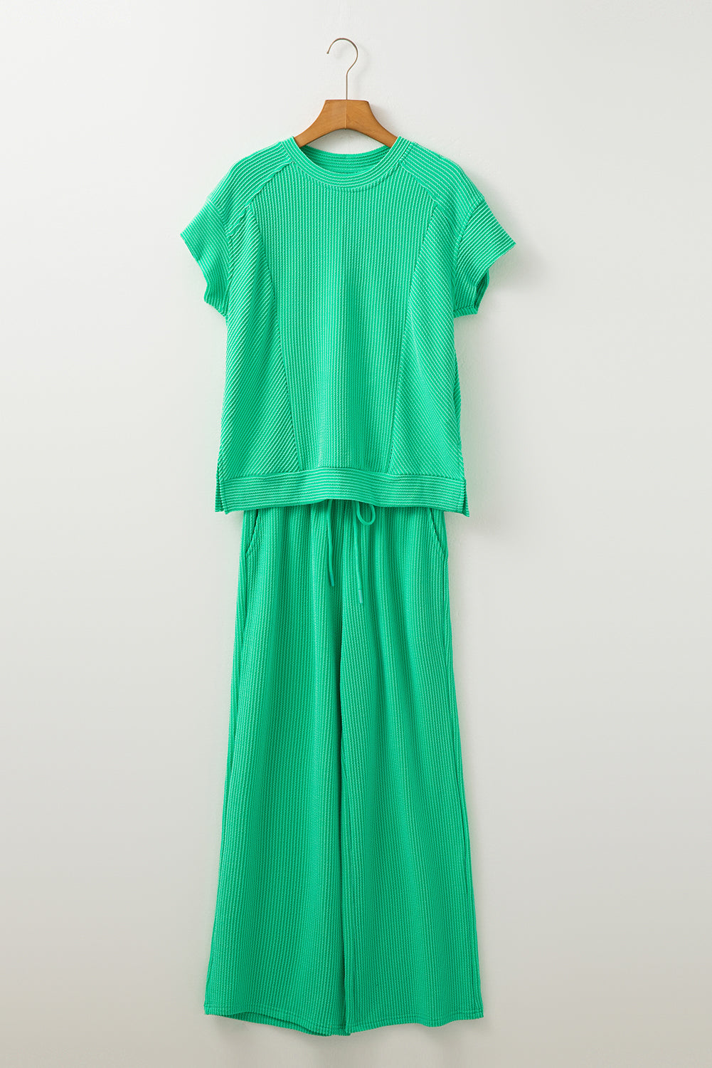 Wild Wind Solid Corded Short Sleeve Shirt and Wide Leg Pants Set