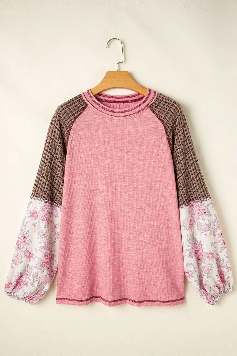 Sweaters Love Salve Fushia Patchwork Top Women's Casual Knit Top: Ribbed & Raglan