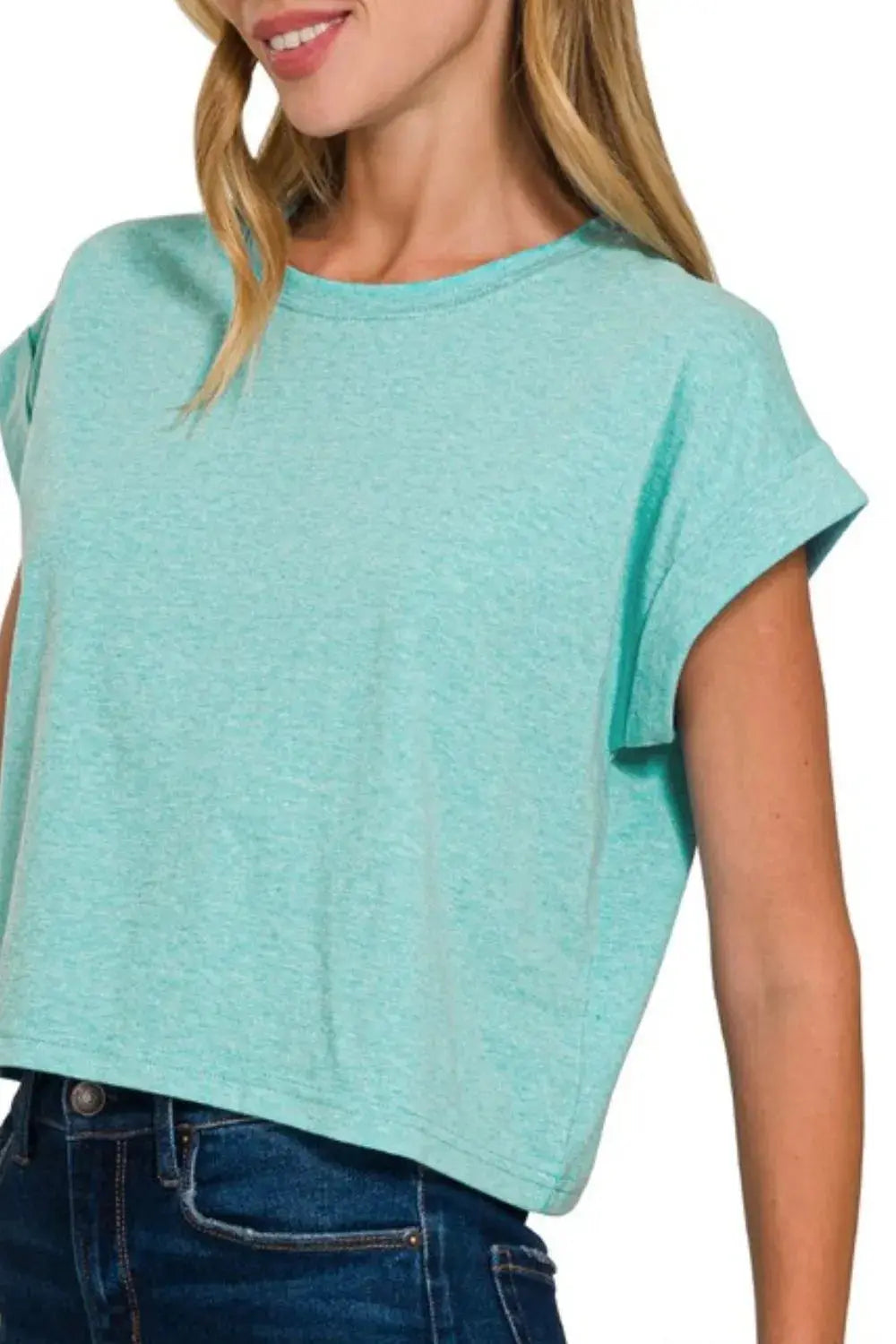 Women's Crop Top Tee Crop Top - Rolled Sleeve - Casual Basic Tee