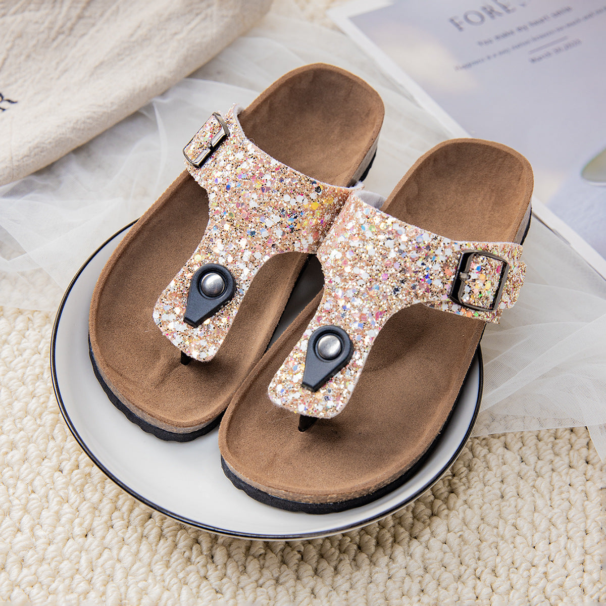 Glitter Cork Thong Slippers