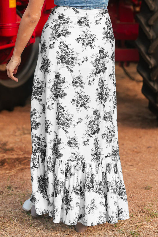Falda maxi con abertura, volantes, cintura alta, floral y bohemia negra