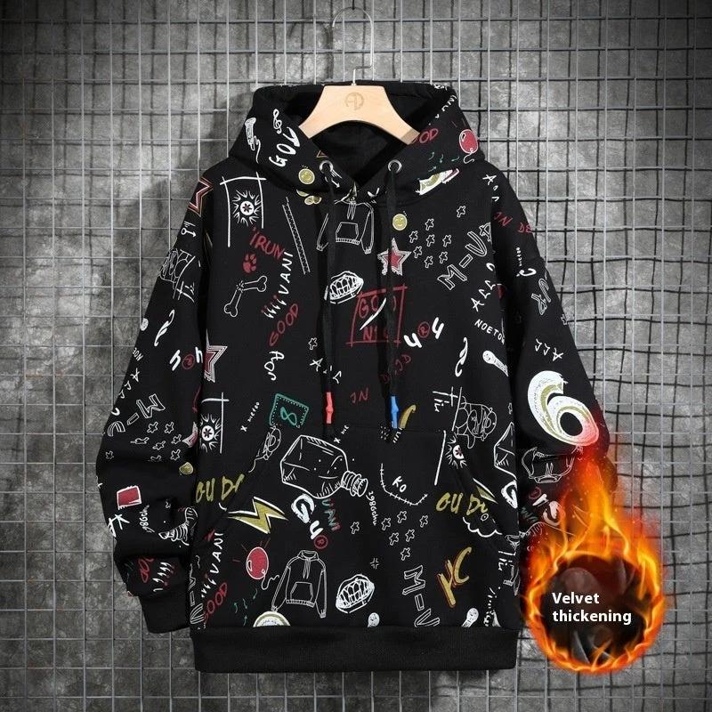 Men's Fleece-lined Graffiti Hooded Sweater