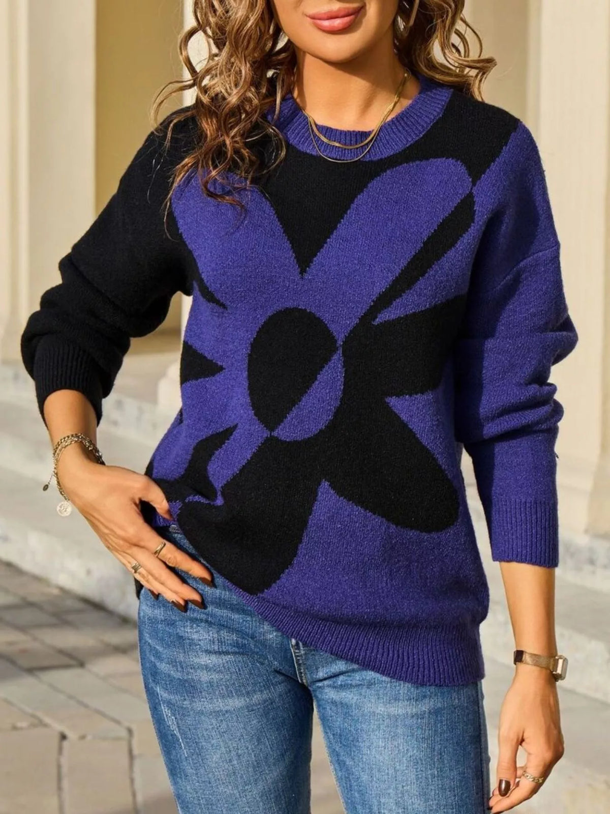 Floral Pattern Color Block Sweater