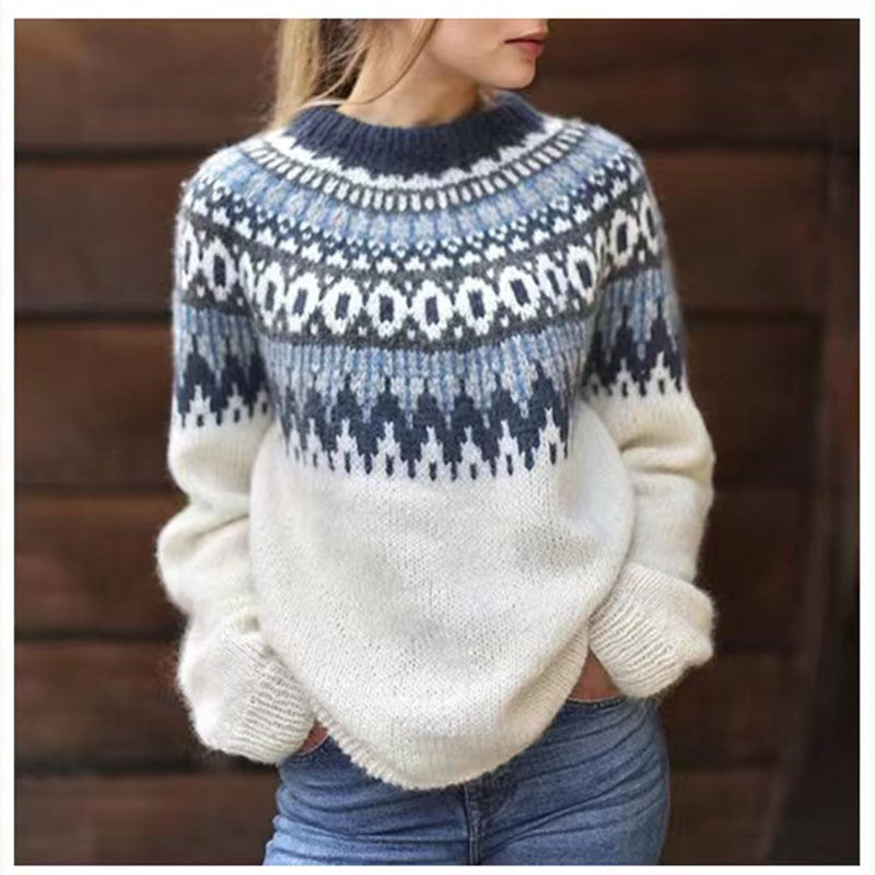 Round Neck Pullover Jacquard Vintage Print Sweater