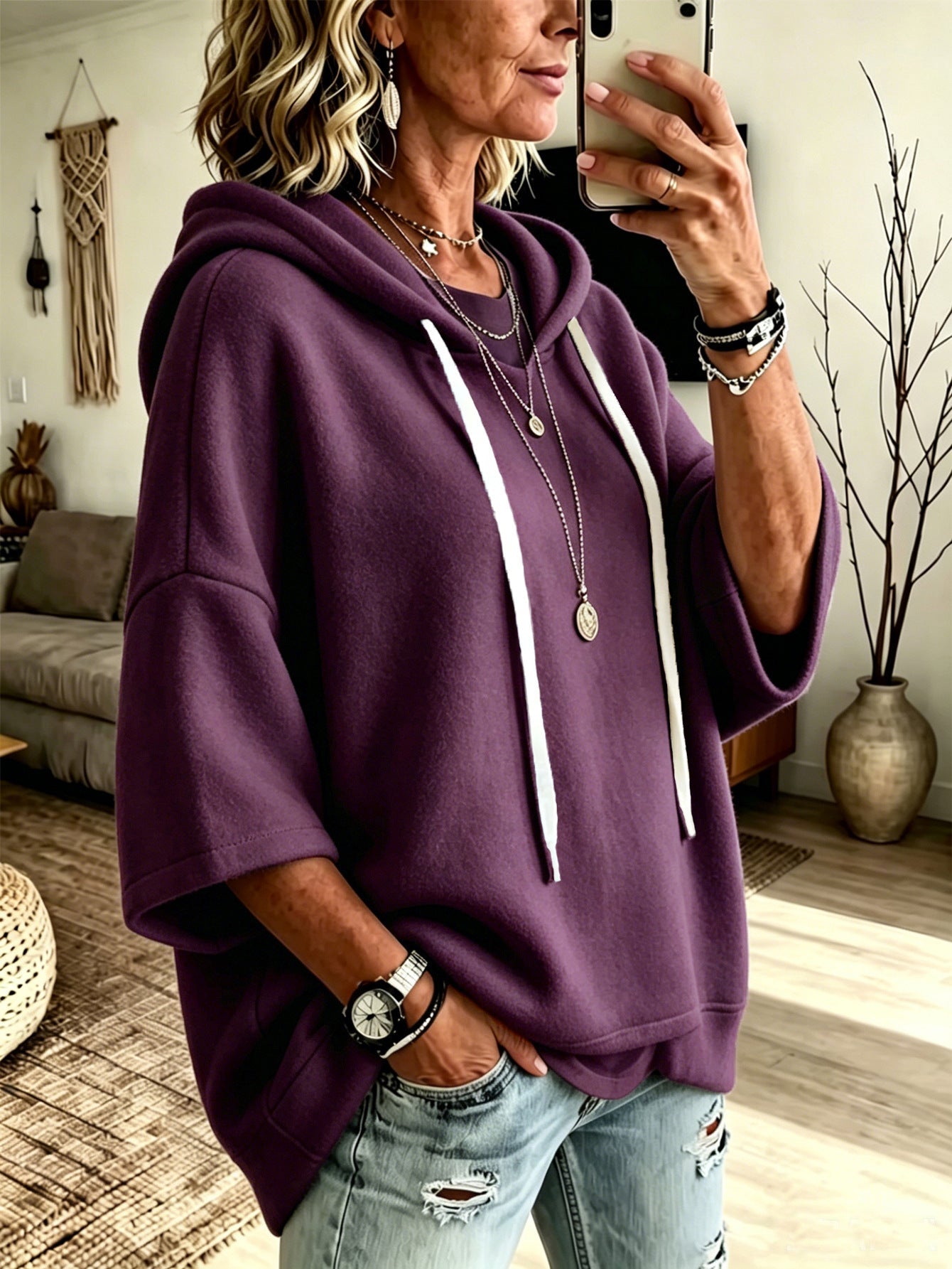 Women's Oversized Batwing Sleeve Hoodie – Loose Fleece Pullover