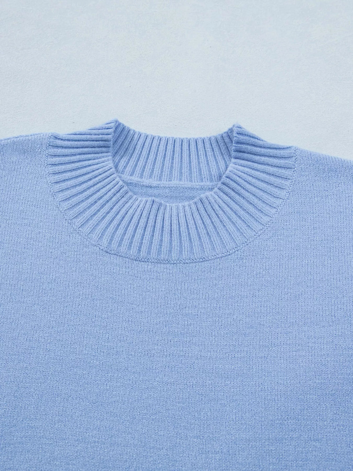Solid Color Ribbed Trim Round Neck Ruffle Short Sleeve Sweater