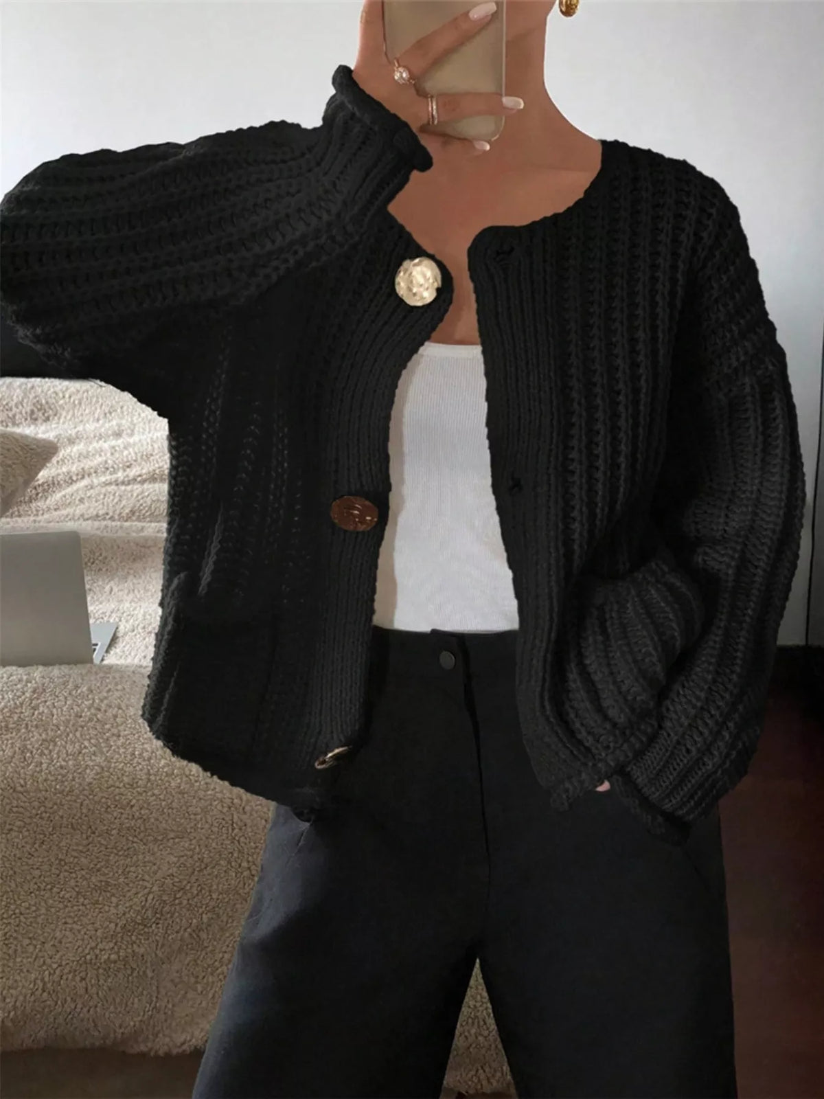Button Up Dropped Shoulder Cardigan