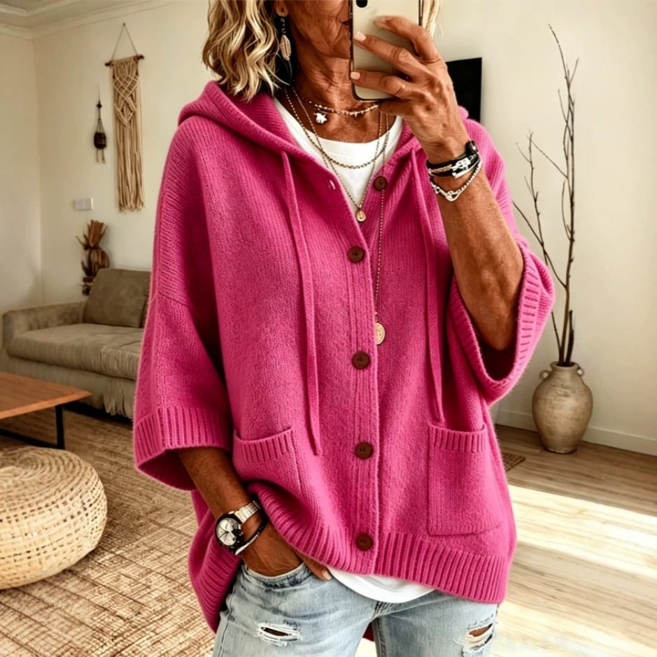 Fashion Autumn Winter Women's Button Knitted Hooded Drawstring Cardigan Sweater Coat For Women