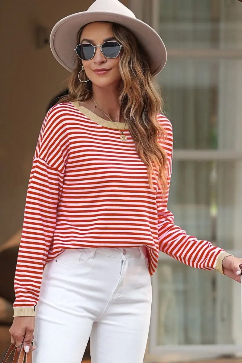 Sweaters Love Salve Red Striped Sweater Women's Daily Casual Knit Top - Soft, Fall Style