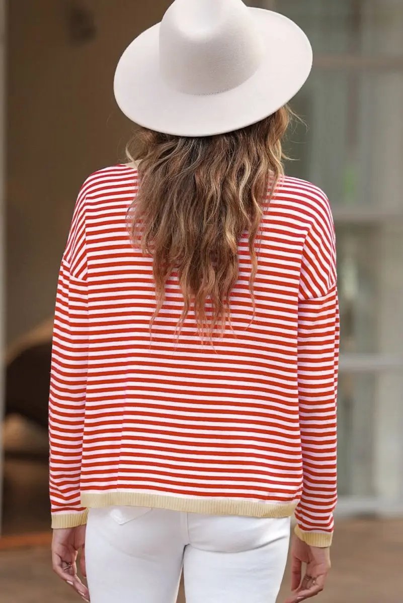 Sweaters Love Salve Red Striped Sweater Women's Daily Casual Knit Top - Soft, Fall Style