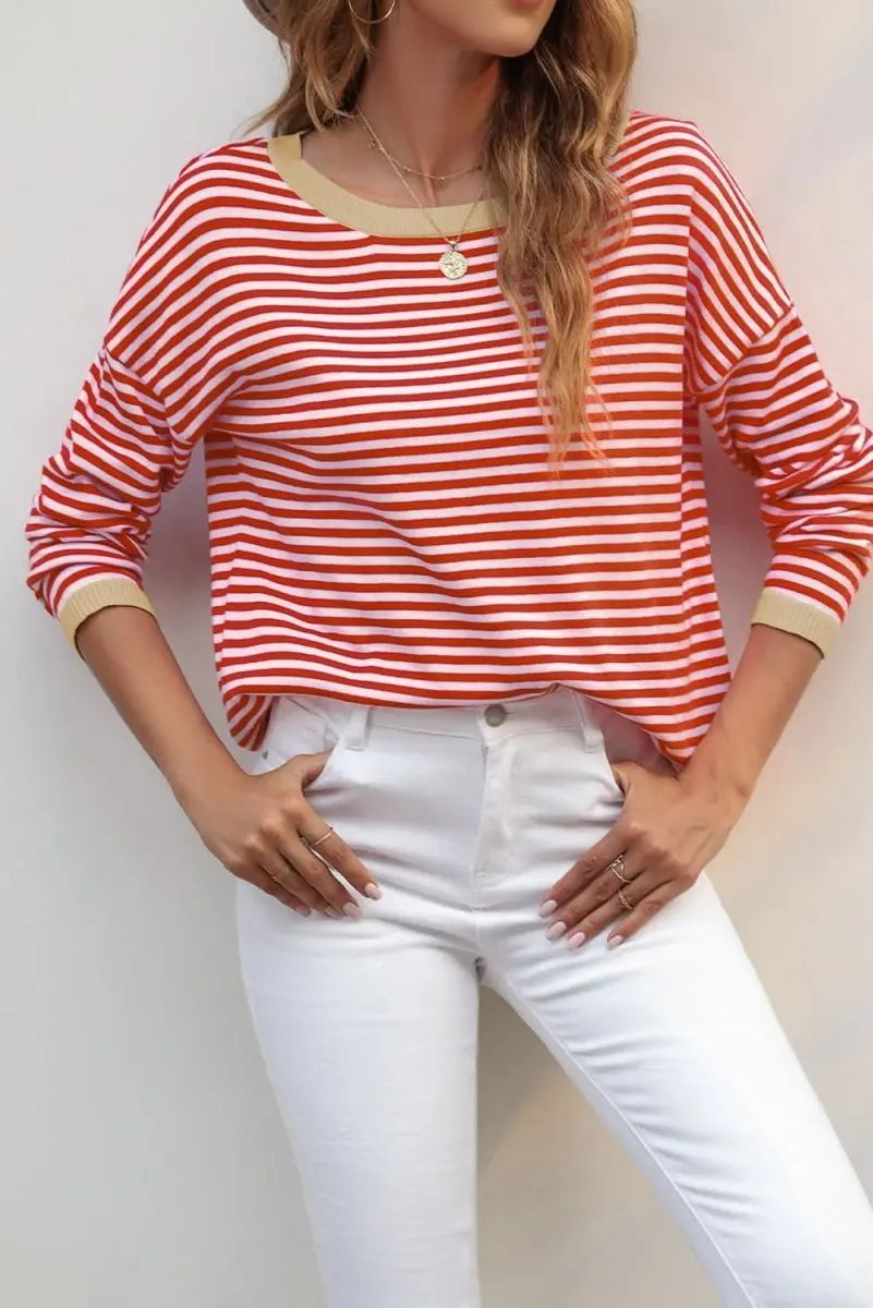 Sweaters Love Salve Red Striped Sweater Women's Daily Casual Knit Top - Soft, Fall Style