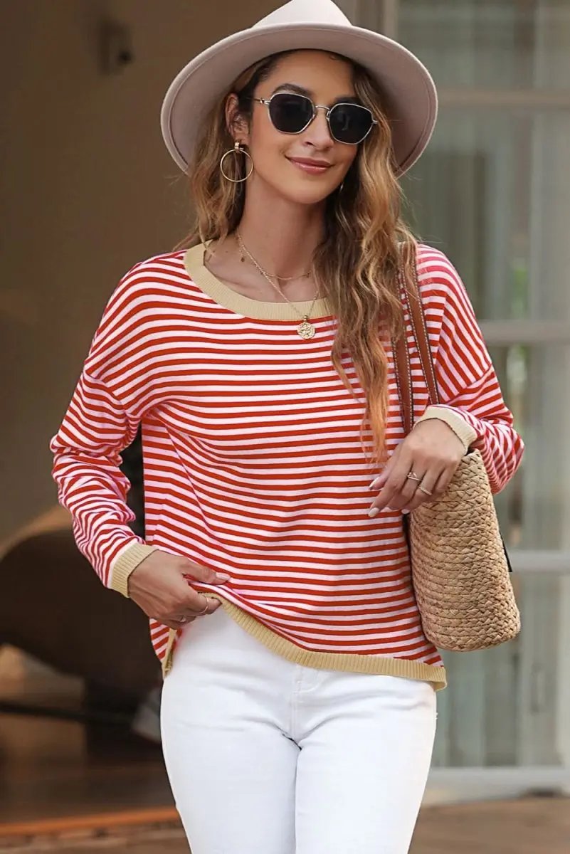 Sweaters Love Salve Red Striped Sweater Women's Daily Casual Knit Top - Soft, Fall Style