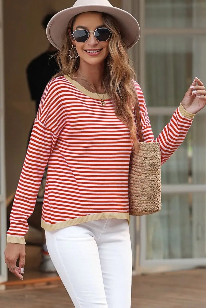 Sweaters Love Salve Red Striped Sweater Women's Daily Casual Knit Top - Soft, Fall Style