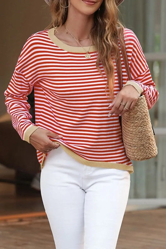 Sweaters Love Salve Red Striped Sweater Women's Daily Casual Knit Top - Soft, Fall Style