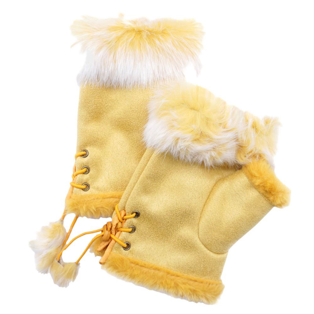 Women's Fingerless Faux Fur Trim Suede Gloves Drawstring