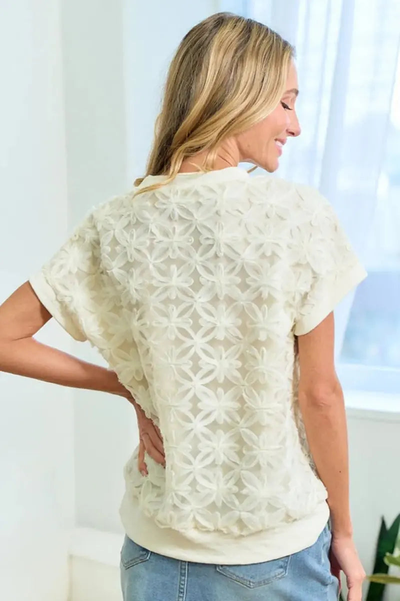 Women's Short Sleeve Top Women's Short Sleeve Tee - 3D Mesh Flower - Casual Lightweight